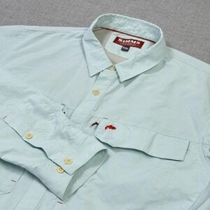 Simms Fishing Shirt Men 2XL Blue Green Long Sleeve Button-Up Polyester Nylon
